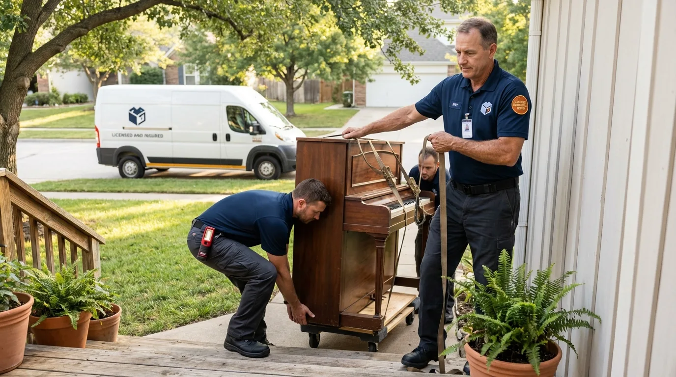 Licensed piano movers securing grand piano in Columbiana, OH