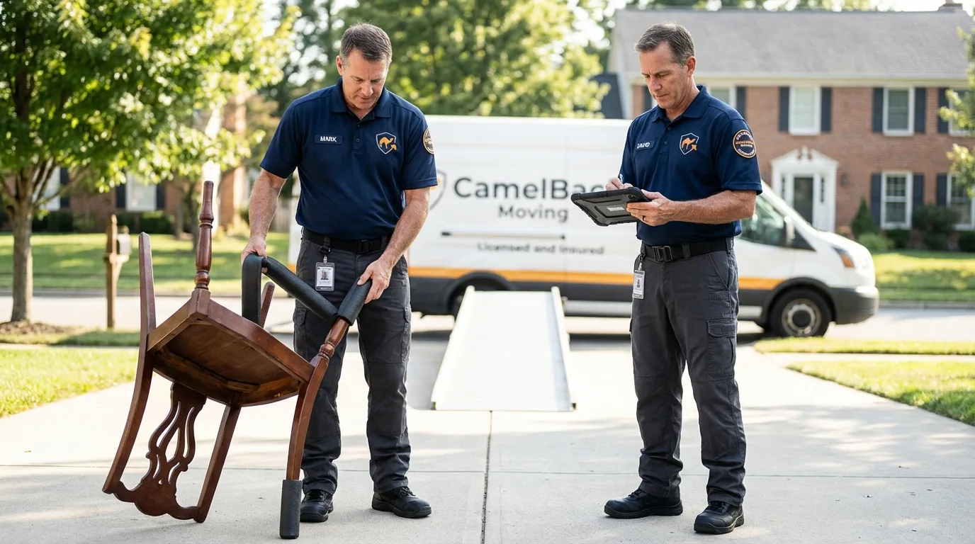 Movers inspecting furniture for damage prevention before loading in Columbiana, OH