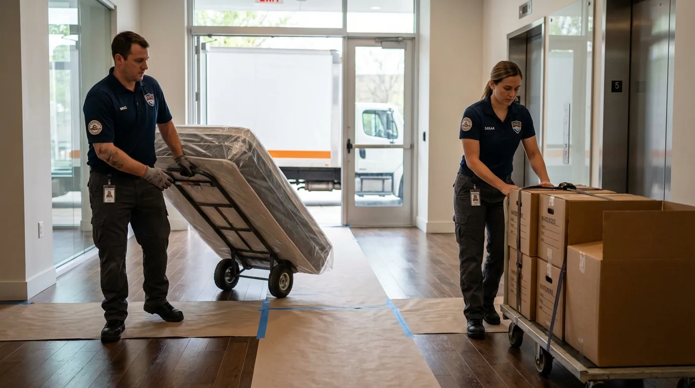 Professional apartment movers loading elevator in Columbiana, OH