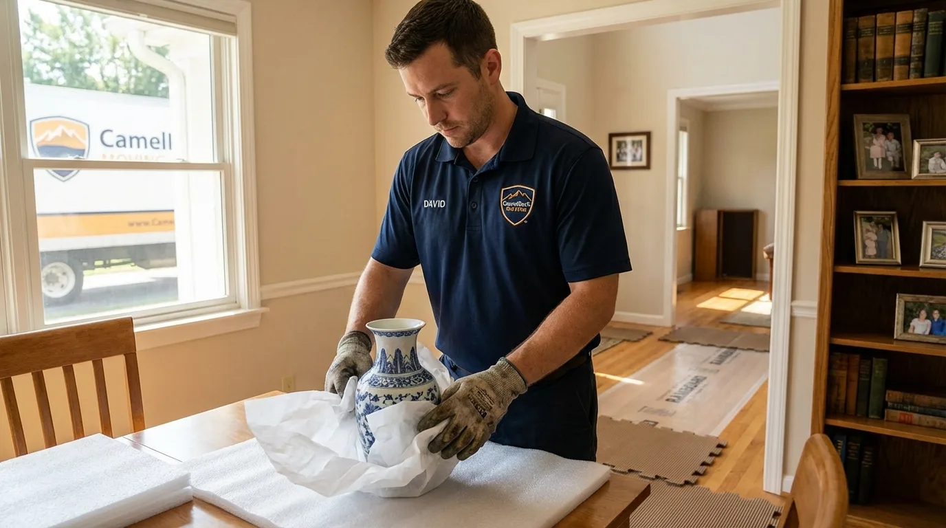 Professional crew carefully wrapping antique vase for senior downsizing move in Columbiana, OH